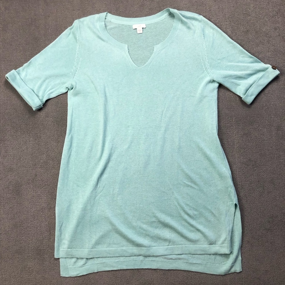 J Jill Aqua Short Cuffed Sleeve Linen Blend Knit Tunic Beachy Coastal size S